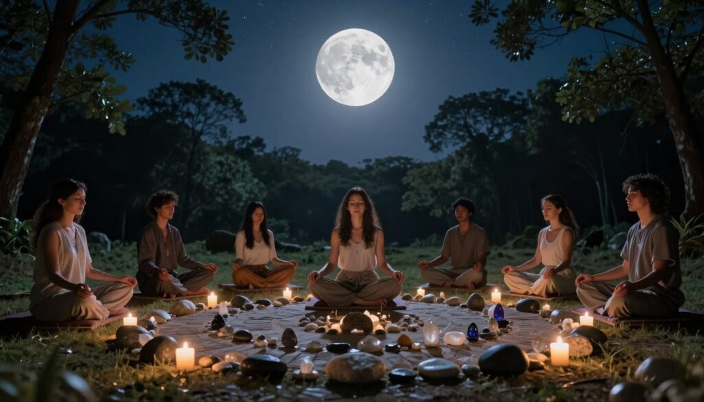 A serene full moon illuminates a tranquil outdoor scene, casting a soft silvery glow over a circular arrangement of natural stones and crystals in the foreground, symbolizing grounding rituals. In the middle ground, a diverse group of individuals in modest, casual clothing are seated in a meditative posture, with their eyes closed and hands resting on their knees, embodying a sense of calm and connection to the earth. Glowing candles softy flicker around them, further enhancing the atmosphere of peace. In the background, towering trees frame the scene, with a clear night sky filled with stars. The lighting is ethereal, highlighting the moon's luminous aura. The overall mood is one of tranquility, reflection, and spiritual connection as the full moon rises majestically overhead. A serene full moon illuminates a tranquil outdoor scene, casting a soft silvery glow over a circular arrangement of natural stones and crystals in the foreground, symbolizing grounding rituals. In the middle ground, a diverse group of individuals in modest, casual clothing are seated in a meditative posture, with their eyes closed and hands resting on their knees, embodying a sense of calm and connection to the earth. Glowing candles softy flicker around them, further enhancing the atmosphere of peace. In the background, towering trees frame the scene, with a clear night sky filled with stars. The lighting is ethereal, highlighting the moon's luminous aura. The overall mood is one of tranquility, reflection, and spiritual connection as the full moon rises majestically overhead.