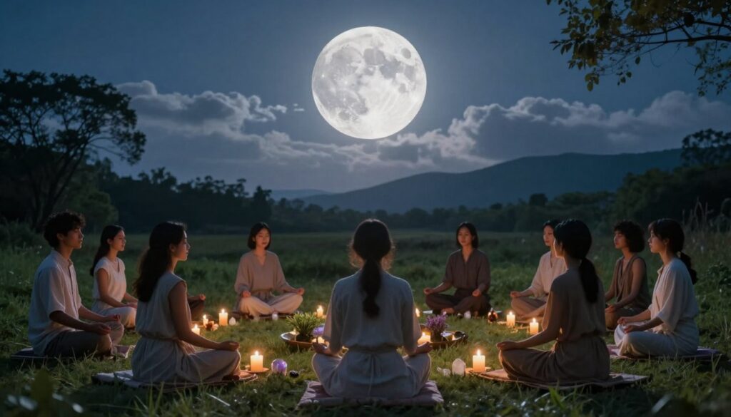 A serene full moon rising over a tranquil landscape, illuminating a peaceful gathering of individuals dressed in modest, casual clothing. In the foreground, a diverse group practices rituals, seated in a circle on soft grass, surrounded by flickering candles, crystals, and fragrant herbs. Each participant is engaged in meditation, with eyes closed and serene expressions. In the middle ground, a large shimmering full moon casts a silvery glow, surrounded by soft wisps of clouds. The background features silhouetted trees and distant mountains, creating a calming atmosphere. Ethereal lighting enhances the scene, evoking a sense of tranquility and connection with nature. The image captures the essence of lunar rituals, emphasizing harmony, spirituality, and the mystical beauty of the full moon. A serene full moon rising over a tranquil landscape, illuminating a peaceful gathering of individuals dressed in modest, casual clothing. In the foreground, a diverse group practices rituals, seated in a circle on soft grass, surrounded by flickering candles, crystals, and fragrant herbs. Each participant is engaged in meditation, with eyes closed and serene expressions. In the middle ground, a large shimmering full moon casts a silvery glow, surrounded by soft wisps of clouds. The background features silhouetted trees and distant mountains, creating a calming atmosphere. Ethereal lighting enhances the scene, evoking a sense of tranquility and connection with nature. The image captures the essence of lunar rituals, emphasizing harmony, spirituality, and the mystical beauty of the full moon.