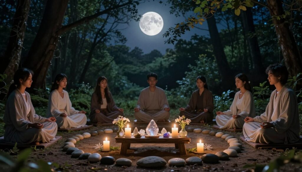 A serene full moon ritual scene illuminated by soft, silvery moonlight. In the foreground, a small wooden altar adorned with white candles, crystal gemstones, and fresh flowers creates a focal point. Surrounding the altar, a circle of smooth stones marks a sacred space. In the middle ground, a diverse group of individuals dressed in flowing, modest clothing are engaged in quiet meditation, their expressions reflecting calm and reflective emotions. The background showcases a lush, dark forest under the night sky, with the full moon shining brightly through delicate branches, casting gentle shadows on the ground. The mood is tranquil and spiritual, evoking a sense of connection with nature. The lighting is soft and atmospheric, emphasizing the peacefulness of the moment, captured from a slightly elevated angle to encompass the entire ritual space.
