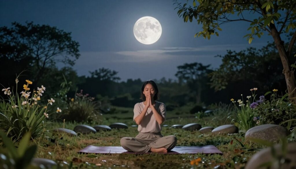 A serene full moon shines brightly in a clear night sky, casting a silvery glow over a tranquil outdoor setting. In the foreground, a person sits cross-legged on a soft yoga mat, dressed in comfortable, modest attire, with a peaceful expression while practicing breathwork. Surrounding them are gentle elements of nature: lush greenery, soft earth tones in the grass, and delicate flowers that reflect the moonlight. The middle ground features smooth stones arranged in a calming pattern, representing grounding energy. In the background, tall trees subtly frame the scene, their leaves gently swaying in a light breeze, creating an atmosphere of tranquility and introspection. The entire scene is softly illuminated, enhancing the mood of peace and connection with nature, captured with a wide-angle lens to encompass the celestial beauty above. A serene full moon shines brightly in a clear night sky, casting a silvery glow over a tranquil outdoor setting. In the foreground, a person sits cross-legged on a soft yoga mat, dressed in comfortable, modest attire, with a peaceful expression while practicing breathwork. Surrounding them are gentle elements of nature: lush greenery, soft earth tones in the grass, and delicate flowers that reflect the moonlight. The middle ground features smooth stones arranged in a calming pattern, representing grounding energy. In the background, tall trees subtly frame the scene, their leaves gently swaying in a light breeze, creating an atmosphere of tranquility and introspection. The entire scene is softly illuminated, enhancing the mood of peace and connection with nature, captured with a wide-angle lens to encompass the celestial beauty above.
