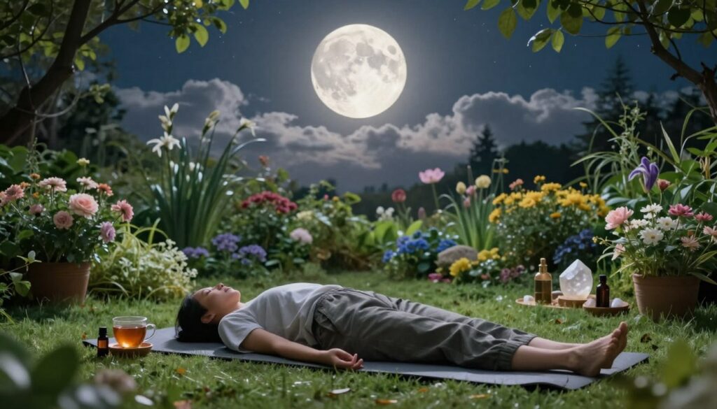 A serene garden illuminated by a bright full moon, casting silver light over lush greenery. In the foreground, a comfy yoga mat is laid out, with a person in modest casual clothing engaged in a meditative pose. Various self-care items like herbal teas, essential oils, and crystals are artfully arranged around. The middle ground features soft, blooming flowers and gently swaying plants, while soft clouds drift across a starry sky in the background. The atmosphere is tranquil and reflective, evoking a sense of peace and connection with nature. Use soft diffused lighting to create a calm, inviting mood, and capture the scene from a slightly low angle to emphasize the moon's glow.