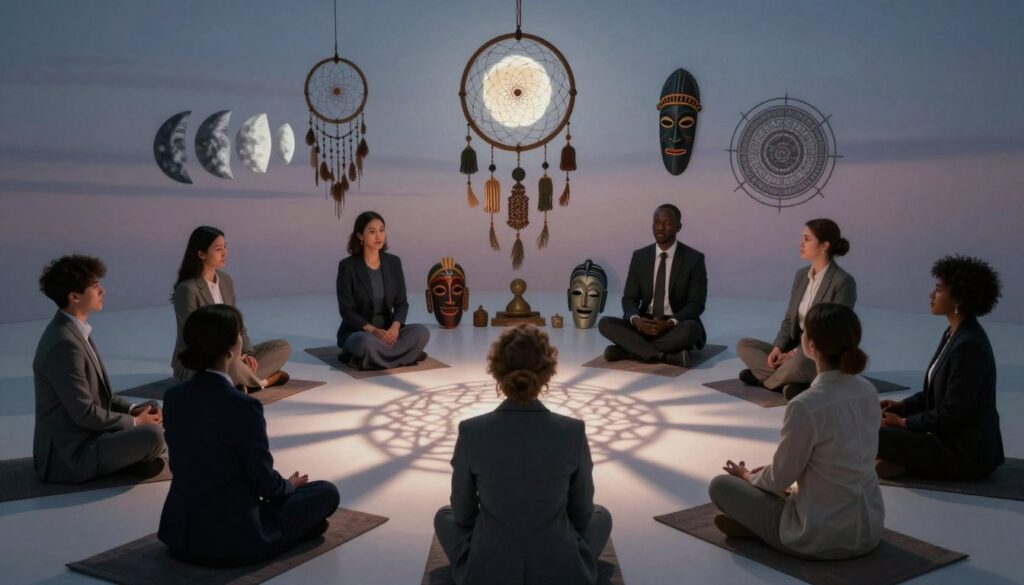 A serene, harmonious scene depicting shadow integration rituals across various cultures. In the foreground, a diverse group of individuals in professional business attire engages in reflective practices, each representing different ethnic backgrounds. In the middle ground, symbolic elements like a lunar phase chart and traditional artifacts from various cultures, such as a Native American dreamcatcher, African masks, and Eastern mandalas, are thoughtfully arranged. The background features a twilight sky illuminated by a full moon, casting soft, ethereal shadows over the scene. The atmosphere is calm and introspective, with gentle lighting that highlights the contours of the faces and artifacts. Capture the essence of unity and cultural diversity in shadow work, using a slightly elevated angle to provide depth. A serene, harmonious scene depicting shadow integration rituals across various cultures. In the foreground, a diverse group of individuals in professional business attire engages in reflective practices, each representing different ethnic backgrounds. In the middle ground, symbolic elements like a lunar phase chart and traditional artifacts from various cultures, such as a Native American dreamcatcher, African masks, and Eastern mandalas, are thoughtfully arranged. The background features a twilight sky illuminated by a full moon, casting soft, ethereal shadows over the scene. The atmosphere is calm and introspective, with gentle lighting that highlights the contours of the faces and artifacts. Capture the essence of unity and cultural diversity in shadow work, using a slightly elevated angle to provide depth.