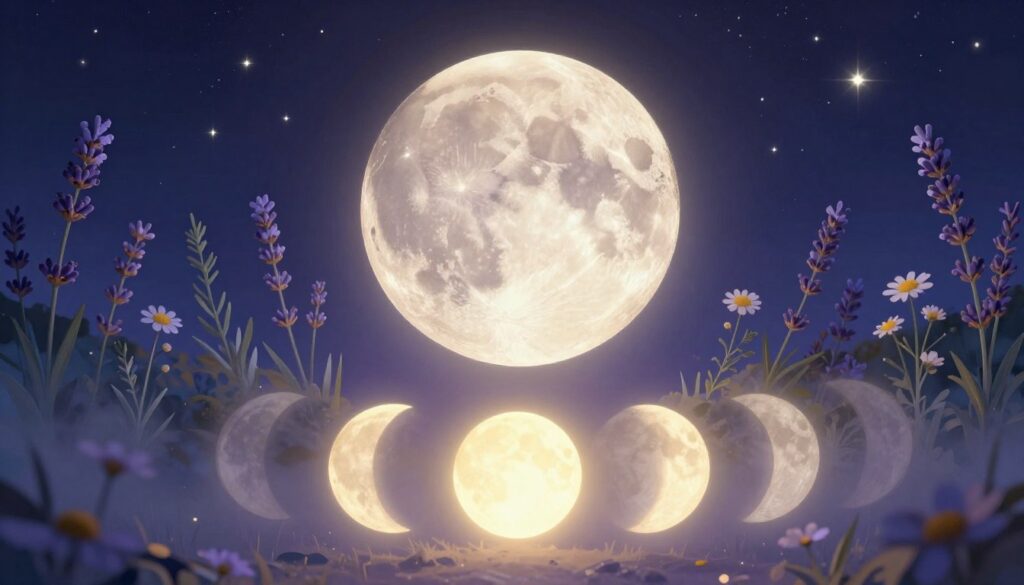 A serene healing moon phase calendar featuring the first quarter moon, depicted prominently in the center. The foreground showcases soft, glowing phases of the moon, transitioning from a crescent to half-illuminated, surrounded by gentle, ethereal light. In the middle ground, subtle illustrations of healing herbs such as lavender and chamomile elegantly frame the moon, symbolizing tranquility and restoration. The background features a deep indigo night sky sprinkled with twinkling stars, casting a calming ambiance. Soft, warm lighting enhances the mystical feel, highlighting the moon’s surface texture. The atmosphere is peaceful and reflective, inviting viewers to contemplate the healing energy of the lunar phases in a harmonious natural setting. A serene healing moon phase calendar featuring the first quarter moon, depicted prominently in the center. The foreground showcases soft, glowing phases of the moon, transitioning from a crescent to half-illuminated, surrounded by gentle, ethereal light. In the middle ground, subtle illustrations of healing herbs such as lavender and chamomile elegantly frame the moon, symbolizing tranquility and restoration. The background features a deep indigo night sky sprinkled with twinkling stars, casting a calming ambiance. Soft, warm lighting enhances the mystical feel, highlighting the moon’s surface texture. The atmosphere is peaceful and reflective, inviting viewers to contemplate the healing energy of the lunar phases in a harmonious natural setting.