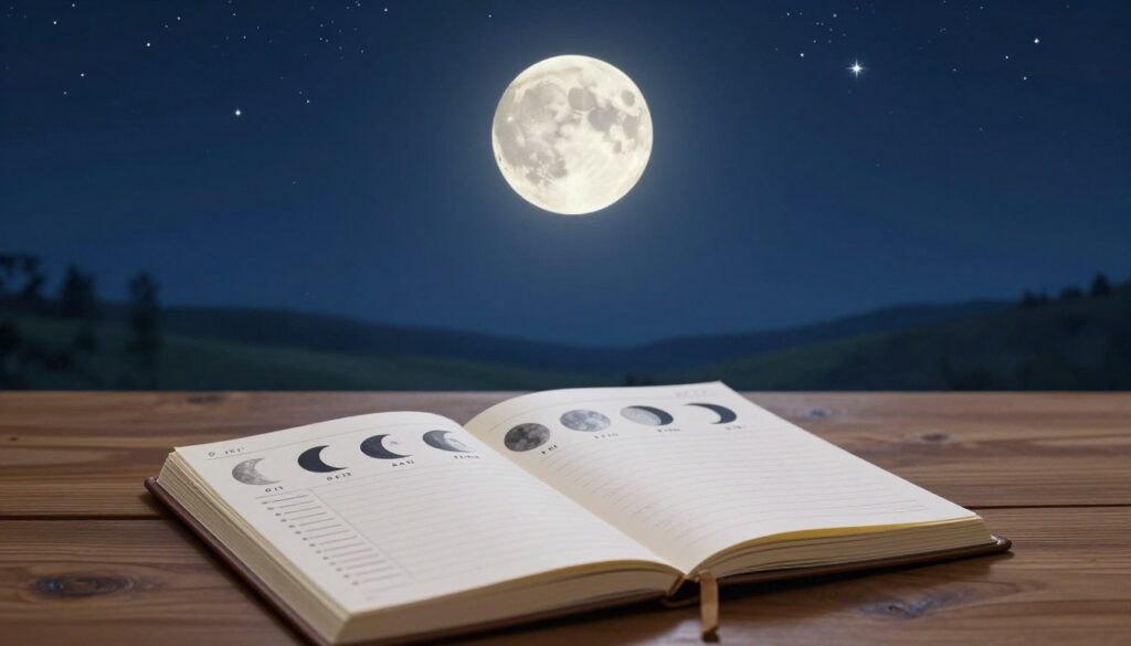 A serene, illustrative scene depicting the lunar cycles with an emphasis on monthly budgeting. In the foreground, a beautifully designed planner rests on a wooden table, its pages adorned with symbols representing the different lunar phases: new moon, waxing crescent, first quarter, full moon, and waning phases. The middle ground features a calm night sky filled with twinkling stars, highlighting the various stages of the moon, glowing softly against a dark blue backdrop. The background shows a blurred landscape of gentle hills, evoking tranquility. Soft, diffused lighting creates a peaceful atmosphere, while the overall mood invites reflection and planning. Capture this scene with a slightly elevated angle to emphasize the moon's presence above the planner without any text, logos, or watermarks. A serene, illustrative scene depicting the lunar cycles with an emphasis on monthly budgeting. In the foreground, a beautifully designed planner rests on a wooden table, its pages adorned with symbols representing the different lunar phases: new moon, waxing crescent, first quarter, full moon, and waning phases. The middle ground features a calm night sky filled with twinkling stars, highlighting the various stages of the moon, glowing softly against a dark blue backdrop. The background shows a blurred landscape of gentle hills, evoking tranquility. Soft, diffused lighting creates a peaceful atmosphere, while the overall mood invites reflection and planning. Capture this scene with a slightly elevated angle to emphasize the moon's presence above the planner without any text, logos, or watermarks.