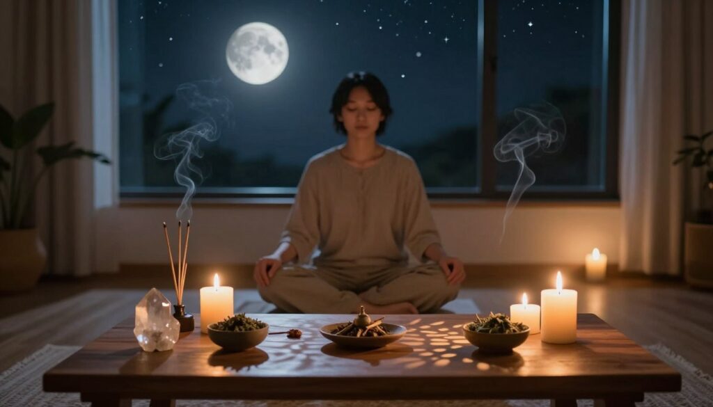 A serene indoor scene depicting spiritual practices during the waning crescent moon phase. In the foreground, a wooden table is set with lit candles, crystals, and a small bowl of herbs, casting soft, flickering shadows. In the middle ground, a person in modest, casual clothing sits cross-legged, eyes closed in meditation, surrounded by symbols of tranquility such as incense and sage. The backdrop features a large window revealing a night sky dotted with stars, enhancing the calming atmosphere. Soft, warm lighting from the candles illuminates the space, creating an inviting and peaceful vibe, while wisps of smoke rise gently in the air. The overall mood is one of introspection and spiritual connection, emphasizing the importance of reflective practices during this lunar phase.