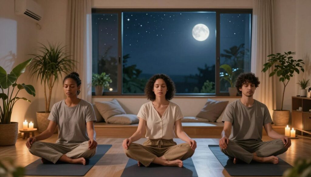 A serene indoor setting illuminated by soft, warm lighting. In the foreground, a diverse group of three individuals sits cross-legged on yoga mats, dressed in modest casual clothing, with focused expressions as they engage in visualization exercises. The middle layer features a calm, inviting room with plants, cushions, and candles, creating a nurturing atmosphere. In the background, a large window reveals a beautiful nighttime sky dotted with stars and a luminous new moon, symbolizing new beginnings. The overall mood is tranquil and inspiring, promoting a sense of peace and introspection, capturing the essence of the power of visualization in manifestation practices.