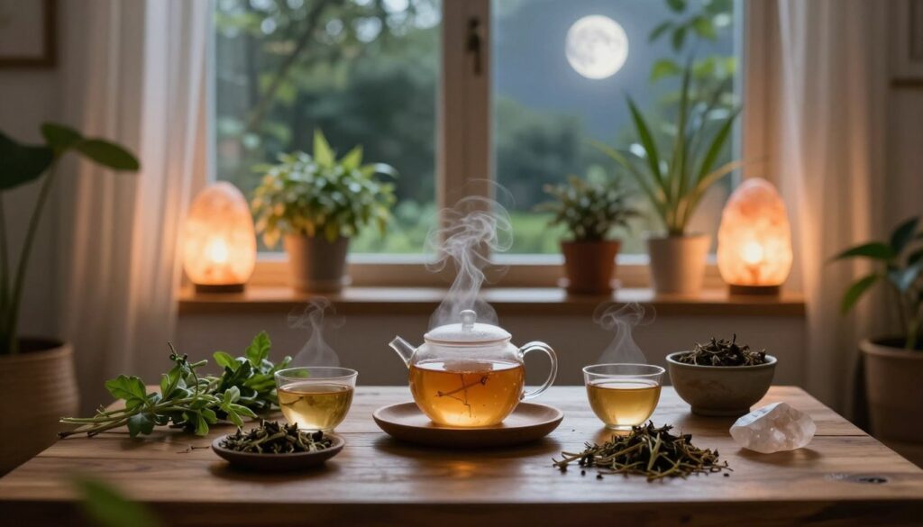 A serene indoor space for energetic detox preparation, featuring a central wooden table adorned with natural elements. In the foreground, an herbal tea set with steaming cups, fresh herbs, and calming crystals. The middle ground shows a windowsill filled with potted plants and a glowing salt lamp, casting warm, gentle light throughout the scene. In the background, sheer curtains partially illuminate a peaceful garden view under a waning moon, enhancing the tranquil atmosphere. Soft, diffused lighting creates a calming ambiance, and the focus is slightly blurred to evoke a sense of relaxation. The overall mood is one of serenity and rejuvenation, ideal for preparing for an energetic detox. A serene indoor space for energetic detox preparation, featuring a central wooden table adorned with natural elements. In the foreground, an herbal tea set with steaming cups, fresh herbs, and calming crystals. The middle ground shows a windowsill filled with potted plants and a glowing salt lamp, casting warm, gentle light throughout the scene. In the background, sheer curtains partially illuminate a peaceful garden view under a waning moon, enhancing the tranquil atmosphere. Soft, diffused lighting creates a calming ambiance, and the focus is slightly blurred to evoke a sense of relaxation. The overall mood is one of serenity and rejuvenation, ideal for preparing for an energetic detox.