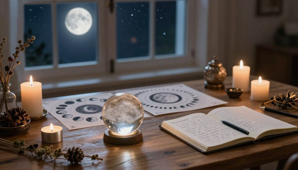 A serene indoor workspace bathed in gentle moonlight, featuring a wooden table adorned with various lunar manifestation tools. In the foreground, a polished crystal ball glows softly, surrounded by silver candles and dried herbs. The middle ground showcases beautifully illustrated lunar phase charts and a notebook filled with handwritten intentions. In the background, large windows reveal a starry night sky, with the full moon casting a tranquil light across the room. The atmosphere is calm and inspiring, promoting focus and creativity. The scene is captured from a slightly elevated angle, creating a warm, inviting ambiance with soft shadows, emphasizing the connection to lunar energies. A serene indoor workspace bathed in gentle moonlight, featuring a wooden table adorned with various lunar manifestation tools. In the foreground, a polished crystal ball glows softly, surrounded by silver candles and dried herbs. The middle ground showcases beautifully illustrated lunar phase charts and a notebook filled with handwritten intentions. In the background, large windows reveal a starry night sky, with the full moon casting a tranquil light across the room. The atmosphere is calm and inspiring, promoting focus and creativity. The scene is captured from a slightly elevated angle, creating a warm, inviting ambiance with soft shadows, emphasizing the connection to lunar energies.