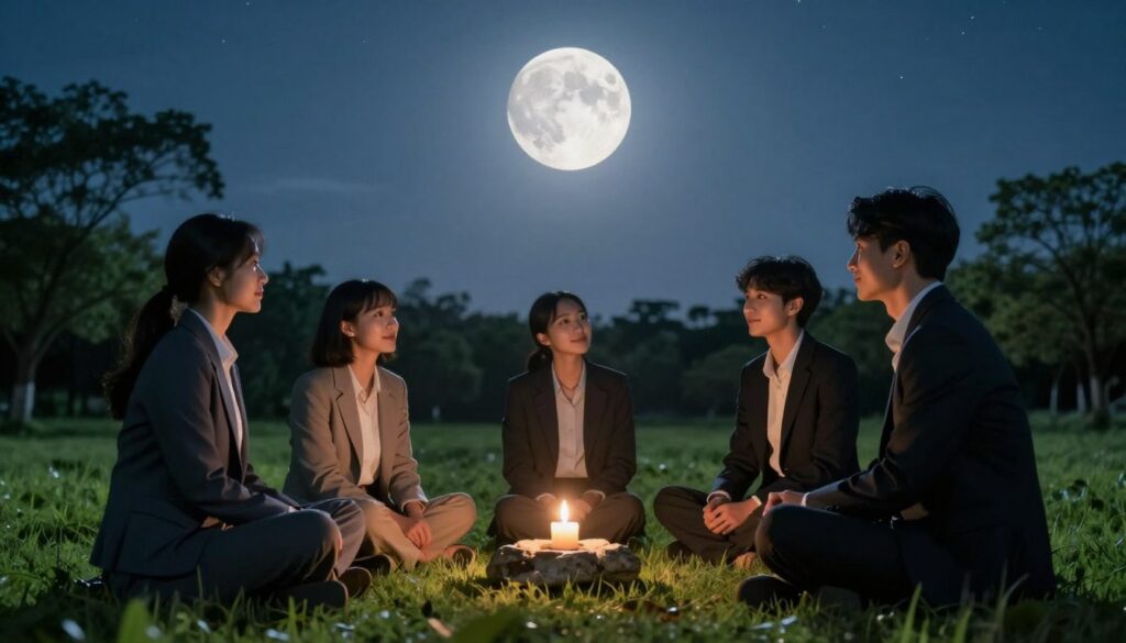 A serene, introspective scene under a luminous first quarter moon shines brightly in a clear night sky. In the foreground, a diverse group of three individuals, dressed in professional business attire, sit in a circle on a lush green grass field, engaged in a meaningful discussion about forgiveness practices. Each person's expression reflects peace and openness, with gentle smiles as they share. In the middle ground, a small, flickering candle is placed on a natural stone altar, symbolizing illumination and cleansing. The background features softly swaying trees silhouetted against the moonlight, and a distant starry sky enhances the tranquil atmosphere. Soft, silver light bathes the scene, creating a mood of hope and motivation, perfect for action-oriented reflection. The camera angle is slightly low, capturing the connection among the individuals, while emphasizing the majestic moon above. A serene, introspective scene under a luminous first quarter moon shines brightly in a clear night sky. In the foreground, a diverse group of three individuals, dressed in professional business attire, sit in a circle on a lush green grass field, engaged in a meaningful discussion about forgiveness practices. Each person's expression reflects peace and openness, with gentle smiles as they share. In the middle ground, a small, flickering candle is placed on a natural stone altar, symbolizing illumination and cleansing. The background features softly swaying trees silhouetted against the moonlight, and a distant starry sky enhances the tranquil atmosphere. Soft, silver light bathes the scene, creating a mood of hope and motivation, perfect for action-oriented reflection. The camera angle is slightly low, capturing the connection among the individuals, while emphasizing the majestic moon above.