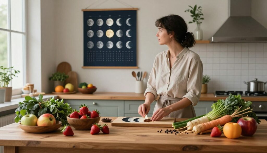 A serene kitchen scene showcasing a harmonious blend of lunar cycle elements and dietary choices. In the foreground, a beautifully arranged wooden table displays seasonal fruits, herbs, and spices associated with each phase of the moon, such as ripe strawberries for the full moon and earthy root vegetables for the new moon. The middle ground features a calm chef, dressed in modest casual clothing, thoughtfully preparing a meal while casting a side glance at a lunar calendar hanging on the wall. In the background, gentle moonlight streams through a window, illuminating the ingredients and creating a tranquil atmosphere filled with a sense of balance and wellness. The color palette should be soft and natural, enhancing the lunar theme while maintaining a warm, inviting vibe. A serene kitchen scene showcasing a harmonious blend of lunar cycle elements and dietary choices. In the foreground, a beautifully arranged wooden table displays seasonal fruits, herbs, and spices associated with each phase of the moon, such as ripe strawberries for the full moon and earthy root vegetables for the new moon. The middle ground features a calm chef, dressed in modest casual clothing, thoughtfully preparing a meal while casting a side glance at a lunar calendar hanging on the wall. In the background, gentle moonlight streams through a window, illuminating the ingredients and creating a tranquil atmosphere filled with a sense of balance and wellness. The color palette should be soft and natural, enhancing the lunar theme while maintaining a warm, inviting vibe.