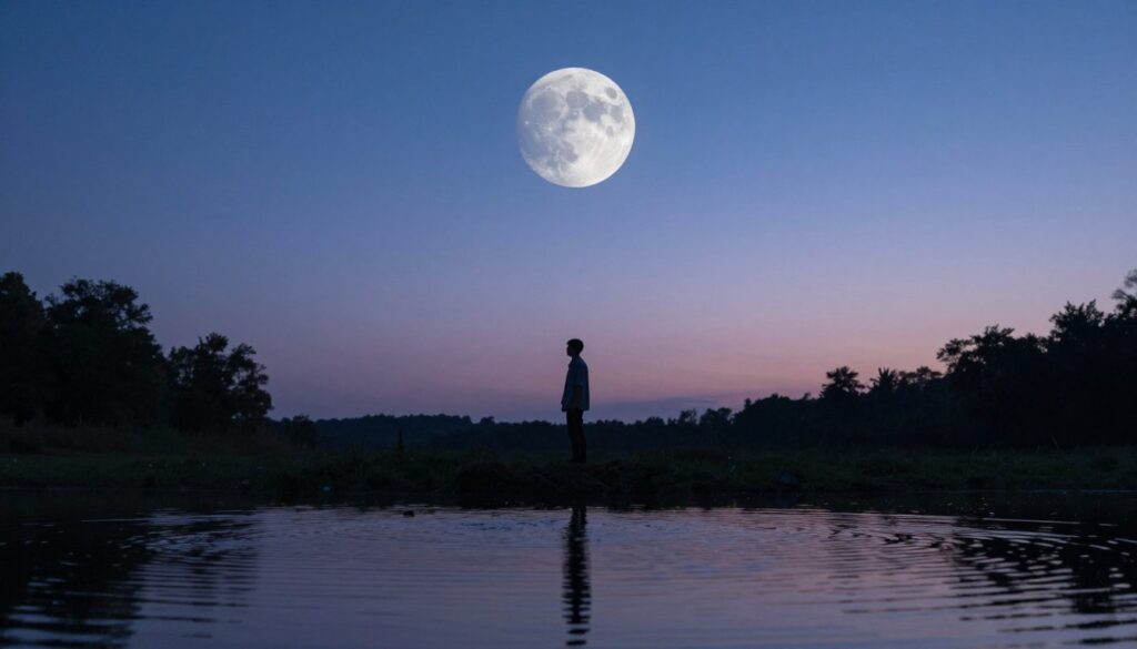 A serene landscape at dusk depicting the First Quarter Moon prominently in the night sky, casting a soft, silvery light over a tranquil lake. In the foreground, subtle reflections of the moon ripple on the water's surface, creating a calming effect. In the middle ground, a silhouette of a person stands in contemplative posture, dressed in modest casual clothing, embodying a sense of introspection and emotional shift. The background features a gentle gradient of twilight colors blending from deep blue to soft lavender, suggesting the transitional energy of the moon phase. The atmosphere is tranquil yet charged, evoking a blend of emotions such as clarity, motivation, and balance. The scene is captured with a wide-angle lens to enhance the expansiveness of the sky and the depth of the landscape, with soft focus on the distant trees framing the lake. A serene landscape at dusk depicting the First Quarter Moon prominently in the night sky, casting a soft, silvery light over a tranquil lake. In the foreground, subtle reflections of the moon ripple on the water's surface, creating a calming effect. In the middle ground, a silhouette of a person stands in contemplative posture, dressed in modest casual clothing, embodying a sense of introspection and emotional shift. The background features a gentle gradient of twilight colors blending from deep blue to soft lavender, suggesting the transitional energy of the moon phase. The atmosphere is tranquil yet charged, evoking a blend of emotions such as clarity, motivation, and balance. The scene is captured with a wide-angle lens to enhance the expansiveness of the sky and the depth of the landscape, with soft focus on the distant trees framing the lake.