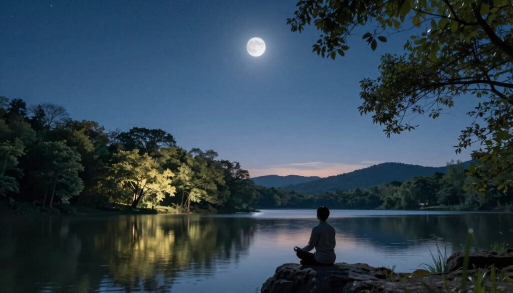 A serene landscape at night during a new moon, featuring a tranquil lake reflecting the star-studded sky above. In the foreground, a silhouette of a person meditating on a small rocky outcrop, dressed in modest, professional attire, embodying mental clarity and calmness. The middle ground showcases lush trees with soft, dappled light filtering through the leaves, creating an ethereal glow that suggests new beginnings. In the background, gentle hills rise under a clear night sky, with a faint hint of dawn approaching on the horizon, indicating the awakening of new opportunities. The atmosphere is peaceful and introspective, filled with a sense of hope and possibility, captured with soft lighting in a wide-angle view to emphasize the vastness of the night sky. A serene landscape at night during a new moon, featuring a tranquil lake reflecting the star-studded sky above. In the foreground, a silhouette of a person meditating on a small rocky outcrop, dressed in modest, professional attire, embodying mental clarity and calmness. The middle ground showcases lush trees with soft, dappled light filtering through the leaves, creating an ethereal glow that suggests new beginnings. In the background, gentle hills rise under a clear night sky, with a faint hint of dawn approaching on the horizon, indicating the awakening of new opportunities. The atmosphere is peaceful and introspective, filled with a sense of hope and possibility, captured with soft lighting in a wide-angle view to emphasize the vastness of the night sky.