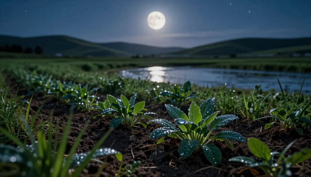 A serene landscape at night, showcasing a moonlit scene where the moon’s glow casts silvery light over a rich, fertile field. In the foreground, depict soil cradling vibrant plants with dewdrops collecting, symbolizing increased moisture levels influenced by lunar phases. The middle ground highlights gentle waves in a pond, reflecting the moon above, illustrating the connection between lunar tides and soil moisture. In the background, rolling hills under a starry sky complete the setting, emphasizing tranquility. Use soft, cool lighting to enhance the calming atmosphere, focusing on details like the texture of the soil and the delicate plant leaves. A slight lens blur can add depth while ensuring a clear view of the lush vegetation, capturing the quiet power of lunar influence on earth.