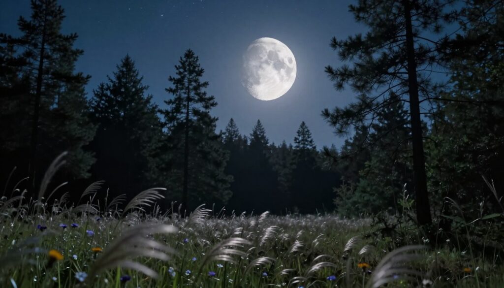 A serene landscape at night showcasing the Last Quarter Moon, positioned prominently in the sky. The moon, half-illuminated and softly glowing, casts a gentle silver light over a tranquil forest scene below. In the foreground, delicate wildflowers sway in a slight breeze, illuminated by the moonlight, while shadows stretch playfully across the ground. The middle ground includes silhouette of tall pine trees that frame the scene, their tops reaching towards the moon. In the background, a starry sky filled with twinkling stars adds depth to the composition. Use a soft, cool color palette to evoke a calm, introspective mood, with gentle contrasts that highlight the beauty of the moon phase. Shot at a slight angle to capture the beauty of the moon and landscape harmoniously. A serene landscape at night showcasing the Last Quarter Moon, positioned prominently in the sky. The moon, half-illuminated and softly glowing, casts a gentle silver light over a tranquil forest scene below. In the foreground, delicate wildflowers sway in a slight breeze, illuminated by the moonlight, while shadows stretch playfully across the ground. The middle ground includes silhouette of tall pine trees that frame the scene, their tops reaching towards the moon. In the background, a starry sky filled with twinkling stars adds depth to the composition. Use a soft, cool color palette to evoke a calm, introspective mood, with gentle contrasts that highlight the beauty of the moon phase. Shot at a slight angle to capture the beauty of the moon and landscape harmoniously.