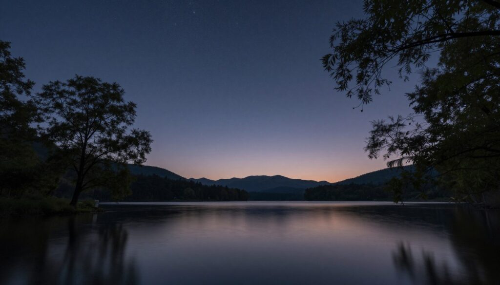 A serene landscape at the edge of a calm lake under a deep, starry sky during a new moon. The foreground features smooth, dark waters reflecting the inky sky, creating a mirror-like surface that enhances the dreamlike quality of the scene. In the middle ground, silhouettes of gently swaying trees frame the edges, their leaves rustling softly in a light breeze. The background showcases distant mountains under a soft twilight glow, hinting at the transition between day and night. The atmosphere is tranquil and introspective, evoking a sense of calm and reflection, suitable for moments of emotional healing. Use soft, diffused moonlight and natural colors to enhance the peaceful mood of the scene, with an angle that captures both the water and the sky harmoniously. A serene landscape at the edge of a calm lake under a deep, starry sky during a new moon. The foreground features smooth, dark waters reflecting the inky sky, creating a mirror-like surface that enhances the dreamlike quality of the scene. In the middle ground, silhouettes of gently swaying trees frame the edges, their leaves rustling softly in a light breeze. The background showcases distant mountains under a soft twilight glow, hinting at the transition between day and night. The atmosphere is tranquil and introspective, evoking a sense of calm and reflection, suitable for moments of emotional healing. Use soft, diffused moonlight and natural colors to enhance the peaceful mood of the scene, with an angle that captures both the water and the sky harmoniously.