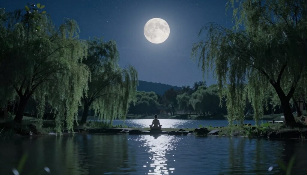 A serene landscape bathed in soft moonlight, evoking feelings of calm and introspection. In the foreground, a tranquil lake reflecting the shimmering light of a full moon, surrounded by gently swaying willow trees. The middle ground features a solitary figure meditating by the water's edge, dressed in flowing, modest attire, embodying peace and contemplation. In the background, a canvas of twinkling stars against a deep indigo sky adds depth to the scene. The moonlight casts a silver glow, illuminating the surroundings while creating a dreamlike atmosphere. Use soft, ethereal lighting to enhance the tranquil mood, and a wide-angle lens to capture the expansive beauty of the night. A serene landscape bathed in soft moonlight, evoking feelings of calm and introspection. In the foreground, a tranquil lake reflecting the shimmering light of a full moon, surrounded by gently swaying willow trees. The middle ground features a solitary figure meditating by the water's edge, dressed in flowing, modest attire, embodying peace and contemplation. In the background, a canvas of twinkling stars against a deep indigo sky adds depth to the scene. The moonlight casts a silver glow, illuminating the surroundings while creating a dreamlike atmosphere. Use soft, ethereal lighting to enhance the tranquil mood, and a wide-angle lens to capture the expansive beauty of the night.
