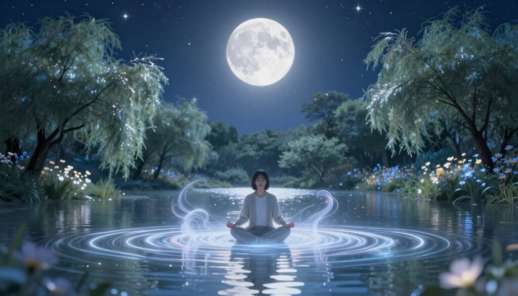 A serene landscape bathed in the luminous glow of a full moon, casting silver light across a tranquil lake. In the foreground, ethereal energy waves ripple through the air, depicted as soft, glowing tendrils that swirl gracefully around a meditative figure dressed in modest casual clothing, eyes closed, embodying release and harmony. The middle ground features lush trees gently swaying, their leaves shimmering in the moonlight, while a carpet of flowers emits a soft luminescence. The background showcases a dark sky dotted with twinkling stars, creating a vast cosmic atmosphere. The lighting is soft yet vibrant, with an enchanting blue and white color palette. The overall mood is peaceful, transformative, and reflective, inviting viewers to connect with the energy of the full moon.