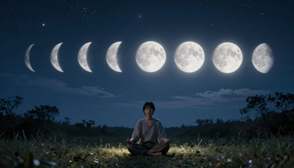 A serene landscape depicting a person meditating under the lunar cycle, set in the foreground. The individual, dressed in modest casual clothing, sits cross-legged on a softly illuminated patch of grass, eyes gently closed, embodying tranquility. In the middle ground, a series of moon phases progress from new moon to full moon, each illuminated in soft, ethereal light that casts soothing shadows. The background features a star-filled night sky, with wispy clouds drifting past, enhancing the celestial atmosphere. A delicate glow surrounds the moons, symbolizing their emotional phases and impact on meditation. The scene is bathed in calming hues of deep blues and silvers, evoking a sense of peace and introspection, with gentle, dappled moonlight filtering through the trees. A serene landscape depicting a person meditating under the lunar cycle, set in the foreground. The individual, dressed in modest casual clothing, sits cross-legged on a softly illuminated patch of grass, eyes gently closed, embodying tranquility. In the middle ground, a series of moon phases progress from new moon to full moon, each illuminated in soft, ethereal light that casts soothing shadows. The background features a star-filled night sky, with wispy clouds drifting past, enhancing the celestial atmosphere. A delicate glow surrounds the moons, symbolizing their emotional phases and impact on meditation. The scene is bathed in calming hues of deep blues and silvers, evoking a sense of peace and introspection, with gentle, dappled moonlight filtering through the trees.