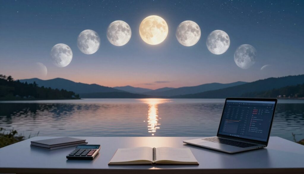 A serene landscape depicting the eight lunar phases arranged in a circular pattern in the sky, each phase glowing softly with ethereal light. In the foreground, a sleek, modern desk with financial planning tools such as a laptop, calculator, and open notepad, all neatly arranged. In the middle ground, a calm lake reflecting the moon phases, shimmering under the soft evening light, evoking a sense of tranquility and balance. The background features distant mountains under a starry sky, enhancing the celestial theme. The overall mood is contemplative and inspiring, suggesting harmony between lunar cycles and financial planning. Use soft lighting to create a soothing atmosphere, and capture the scene with a balanced composition, focusing on depth and clarity. A serene landscape depicting the eight lunar phases arranged in a circular pattern in the sky, each phase glowing softly with ethereal light. In the foreground, a sleek, modern desk with financial planning tools such as a laptop, calculator, and open notepad, all neatly arranged. In the middle ground, a calm lake reflecting the moon phases, shimmering under the soft evening light, evoking a sense of tranquility and balance. The background features distant mountains under a starry sky, enhancing the celestial theme. The overall mood is contemplative and inspiring, suggesting harmony between lunar cycles and financial planning. Use soft lighting to create a soothing atmosphere, and capture the scene with a balanced composition, focusing on depth and clarity.