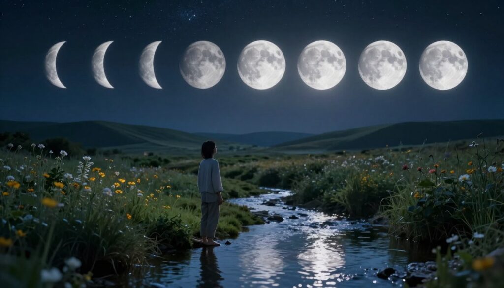 A serene landscape depicting the lunar cycle in all its phases, showcasing the moon transitioning from new to full and back, surrounded by softly glowing stars. In the foreground, a tranquil figure in modest casual clothing stands by a gentle stream, gazing thoughtfully at the reflections of the moonlit sky on the water's surface. The middle ground features lush greenery and wildflowers, illuminated by the moon's silvery light, symbolizing personal growth and emotional healing. In the background, gentle hills rise under a shimmering night sky, enhancing the atmosphere of peace and introspection. The lighting is soft and ethereal, evoking a sense of calm and renewal, captured with a wide-angle lens to encompass the full brilliance of the scene. A serene landscape depicting the lunar cycle in all its phases, showcasing the moon transitioning from new to full and back, surrounded by softly glowing stars. In the foreground, a tranquil figure in modest casual clothing stands by a gentle stream, gazing thoughtfully at the reflections of the moonlit sky on the water's surface. The middle ground features lush greenery and wildflowers, illuminated by the moon's silvery light, symbolizing personal growth and emotional healing. In the background, gentle hills rise under a shimmering night sky, enhancing the atmosphere of peace and introspection. The lighting is soft and ethereal, evoking a sense of calm and renewal, captured with a wide-angle lens to encompass the full brilliance of the scene.