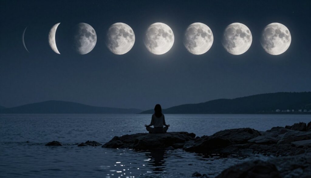 A serene landscape depicting the lunar cycle in various phases from new moon to full moon, arranged artistically in the night sky. In the foreground, a calm ocean reflects the moons, underscoring the connection between the lunar phases and human emotions. The middle ground features a silhouette of a person meditating on a rocky shore, dressed in modest, casual attire, embodying peace and introspection. In the background, gentle rolling hills cradle the ocean, while stars twinkle softly in the night sky. Use cool tones with highlights from moonlight casting a silvery glow. The overall atmosphere conveys tranquility and emotional reflection, emphasizing the influence of the lunar cycle on feelings, inviting the viewer to explore the relationship between nature and emotional regulation. A serene landscape depicting the lunar cycle in various phases from new moon to full moon, arranged artistically in the night sky. In the foreground, a calm ocean reflects the moons, underscoring the connection between the lunar phases and human emotions. The middle ground features a silhouette of a person meditating on a rocky shore, dressed in modest, casual attire, embodying peace and introspection. In the background, gentle rolling hills cradle the ocean, while stars twinkle softly in the night sky. Use cool tones with highlights from moonlight casting a silvery glow. The overall atmosphere conveys tranquility and emotional reflection, emphasizing the influence of the lunar cycle on feelings, inviting the viewer to explore the relationship between nature and emotional regulation.