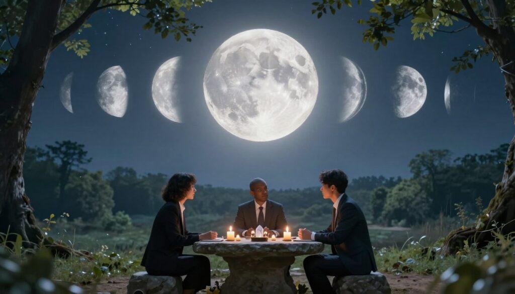 A serene landscape depicting the lunar cycle influencing decision-making rituals. In the foreground, a diverse group of three individuals in professional business attire, engaged in deep conversation around a stone table adorned with candles and crystals, symbolizing thoughtfulness and intention. The middle ground features a large, luminous full moon casting a gentle, silvery light over the scene, while the lunar phases are depicted subtly around the edges. The background contains a tranquil forest, with soft, dappled moonlight filtering through the leaves, creating a mystical atmosphere. The mood is reflective and contemplative, with a sense of harmony between nature and human choices. Use a wide-angle lens to encapsulate the expansive night sky and its celestial beauty, ensuring soft focus on the characters for an intimate feel. A serene landscape depicting the lunar cycle influencing decision-making rituals. In the foreground, a diverse group of three individuals in professional business attire, engaged in deep conversation around a stone table adorned with candles and crystals, symbolizing thoughtfulness and intention. The middle ground features a large, luminous full moon casting a gentle, silvery light over the scene, while the lunar phases are depicted subtly around the edges. The background contains a tranquil forest, with soft, dappled moonlight filtering through the leaves, creating a mystical atmosphere. The mood is reflective and contemplative, with a sense of harmony between nature and human choices. Use a wide-angle lens to encapsulate the expansive night sky and its celestial beauty, ensuring soft focus on the characters for an intimate feel.