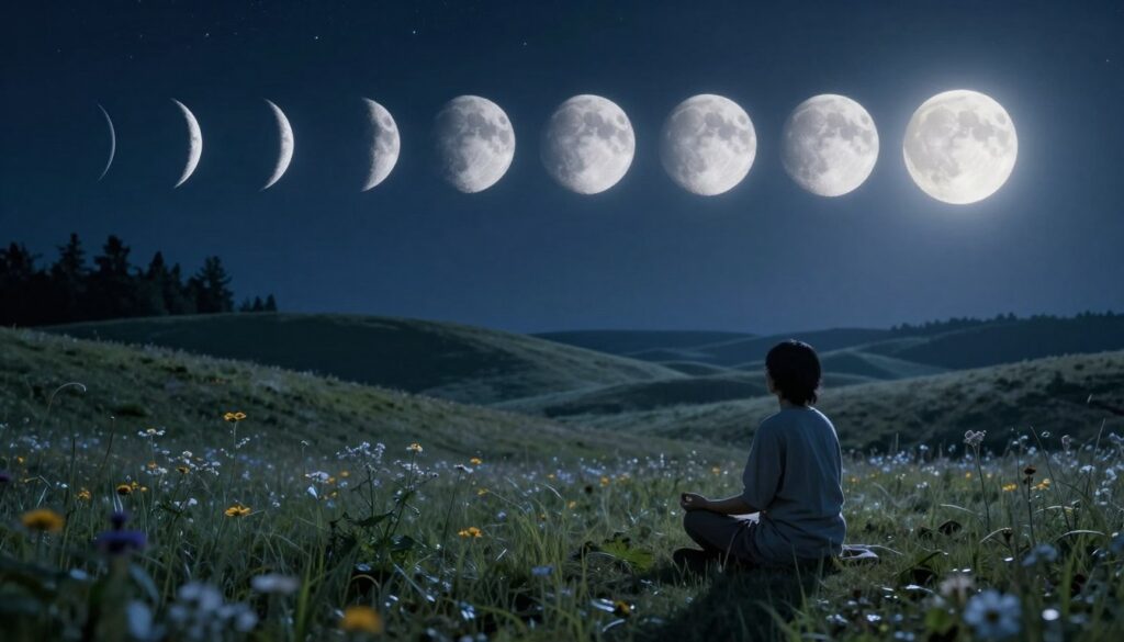 A serene landscape depicting the lunar cycle influencing tranquility and anxiety relief. In the foreground, a peaceful figure in modest casual clothing sits cross-legged on a grassy hill, meditating under the gentle light of a full moon. The middle layer showcases soft, rolling hills with wildflowers glowing subtly in moonlight, while a sequence of lunar phases arcs across the night sky, from new moon to full moon, each represented with luminous detail. The background features silhouetted trees and faint stars, creating a calm atmosphere. The scene is bathed in cool, blueish tones with soft, diffused lighting that evokes a sense of peace and healing, inviting the viewer to feel the connection between lunar cycles and emotional well-being. A serene landscape depicting the lunar cycle influencing tranquility and anxiety relief. In the foreground, a peaceful figure in modest casual clothing sits cross-legged on a grassy hill, meditating under the gentle light of a full moon. The middle layer showcases soft, rolling hills with wildflowers glowing subtly in moonlight, while a sequence of lunar phases arcs across the night sky, from new moon to full moon, each represented with luminous detail. The background features silhouetted trees and faint stars, creating a calm atmosphere. The scene is bathed in cool, blueish tones with soft, diffused lighting that evokes a sense of peace and healing, inviting the viewer to feel the connection between lunar cycles and emotional well-being.