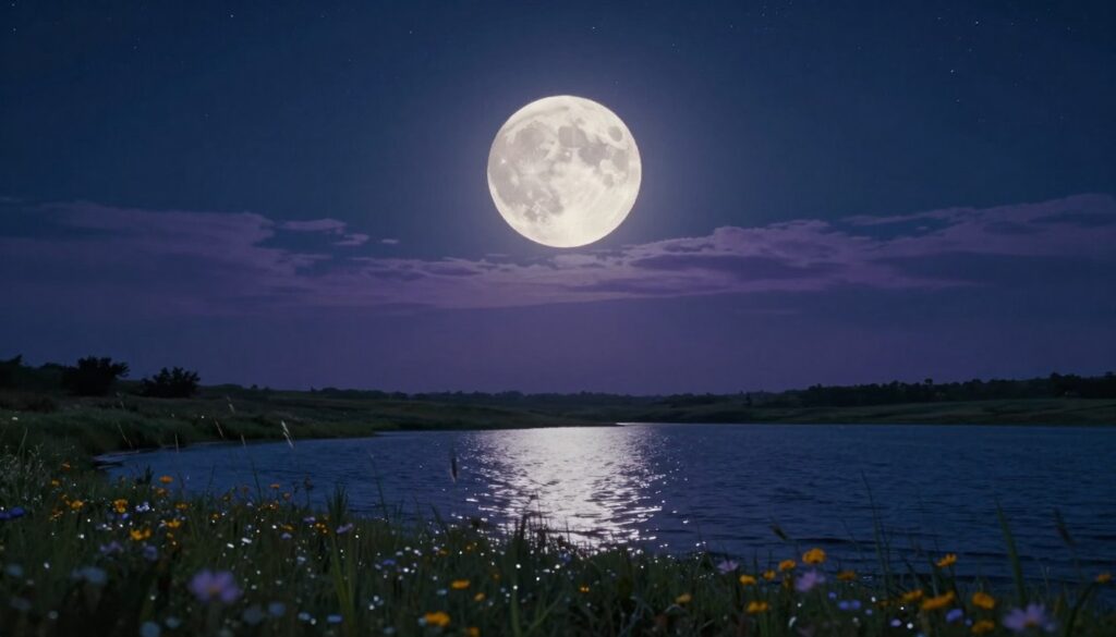 A serene landscape depicting the lunar cycle's energy, centered around a luminous full moon casting gentle light over a tranquil earth. In the foreground, soft grasses and wildflowers glow subtly under the moonlight, representing the Earth’s grounding energy. The middle ground features a peaceful body of water reflecting the moon and shimmering with silvery ripples, symbolizing fluid connection. The background is a starry night sky, rich in deep blues and purples, with wispy clouds suggesting a sense of mystery. The lighting is soft and ethereal, creating a calm and introspective atmosphere. Shot from a low angle to capture the expansive sky, emphasizing the moon's majestic presence.