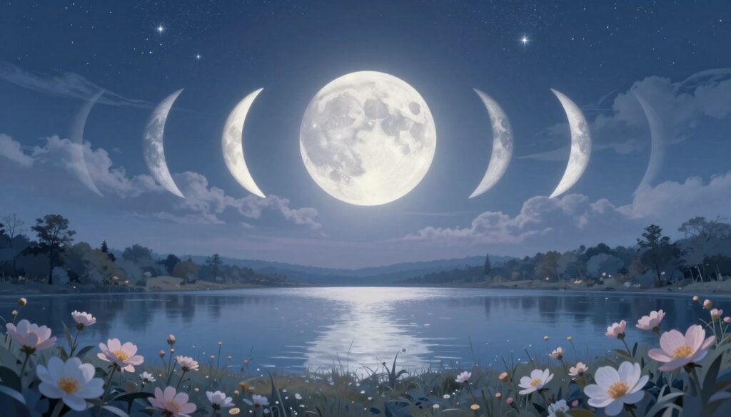 A serene landscape depicting the lunar cycles, featuring a vibrant full moon surrounded by the waning crescent and waxing gibbous phases, illustrated in a gentle gradient of blues and silvers. In the foreground, soft, blooming flowers mirror the moon’s phases, symbolizing growth and mental health. The middle ground showcases a tranquil lake reflecting the moonlight, creating a calming ambiance. The background features a starry sky with wispy clouds drifting across, enhancing the ethereal mood. The scene is illuminated by a soft, diffused glow, reminiscent of twilight, captured through a wide-angle lens to evoke expansiveness. The overall atmosphere is peaceful and introspective, inviting viewers to contemplate the connection between lunar cycles and vulnerability. A serene landscape depicting the lunar cycles, featuring a vibrant full moon surrounded by the waning crescent and waxing gibbous phases, illustrated in a gentle gradient of blues and silvers. In the foreground, soft, blooming flowers mirror the moon’s phases, symbolizing growth and mental health. The middle ground showcases a tranquil lake reflecting the moonlight, creating a calming ambiance. The background features a starry sky with wispy clouds drifting across, enhancing the ethereal mood. The scene is illuminated by a soft, diffused glow, reminiscent of twilight, captured through a wide-angle lens to evoke expansiveness. The overall atmosphere is peaceful and introspective, inviting viewers to contemplate the connection between lunar cycles and vulnerability.