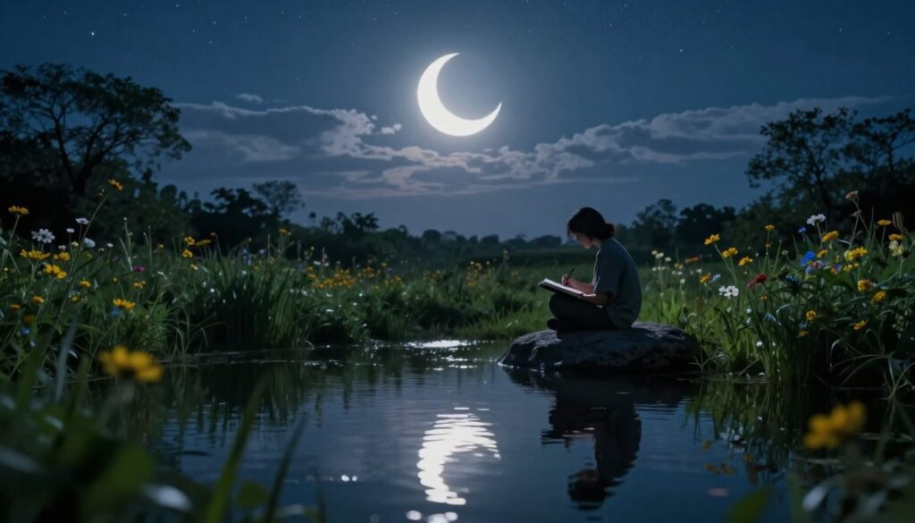 A serene landscape depicting the moon's first quarter phase, emphasizing introspection and action. In the foreground, a tranquil lake reflects the bright crescent moon, surrounded by lush greenery and blooming wildflowers that symbolize growth and potential. In the middle ground, a silhouette of a person in modest casual clothing, sitting cross-legged on a smooth rock by the lake, writing in a journal, illuminated by the moonlight. The background features a night sky filled with twinkling stars and soft, wispy clouds. The atmosphere conveys a sense of calm and inspiration, with gentle lighting casting a peaceful glow over the scene. The angle captures both the moon and the reflective water, inviting viewers to contemplate their own journeys.