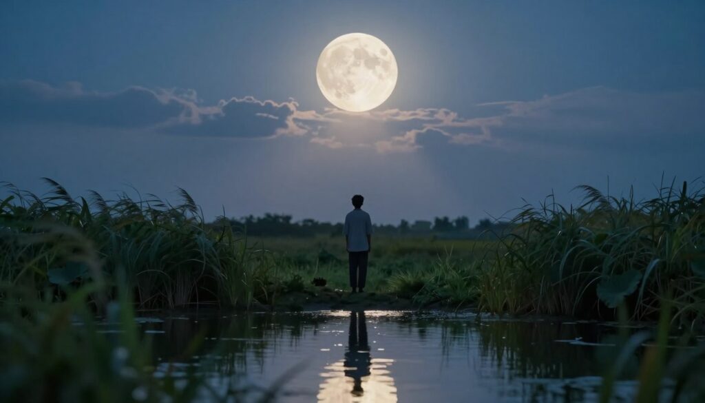A serene landscape depicting the moon's impact on emotions, centered on a majestic full moon, glowing in a dusky sky. In the foreground, a reflective pool of water mirrors the moon's luminescence, surrounded by lush greenery that sways gently in the night breeze. The middle ground features a silhouette of a figure in modest casual attire, contemplating by the water's edge, embodying introspection and emotional depth. Soft beams of moonlight illuminate soft clouds drifting in a deep blue celestial canvas, creating a tranquil yet powerful atmosphere. The lighting is soft and ethereal, adding a touch of mystery and calm, with a shallow depth of field focusing on the figure while the background softly blurs, enhancing the emotional connection to the lunar phases.