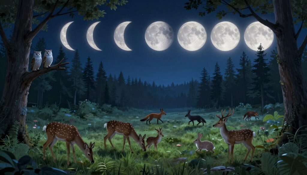 A serene landscape depicting the various phases of the moon illuminating a tranquil forest at night. In the foreground, a family of deer gracefully grazes on lush green grass, while a pair of owls perched on a nearby branch observes the scene. In the middle ground, silhouettes of foxes and rabbits move playfully under the soft moonlight, emphasizing their nocturnal activity. The background is filled with tall trees and a deep blue sky adorned with the glimmering moon phases — new moon, crescent, half, gibbous, and full moon — arranged artistically. The atmosphere is calm yet vibrant, with cool, moonlit lighting casting soft shadows, evoking a sense of wonder and tranquility. The image captures the interconnectedness of lunar cycles and wildlife behavior in a beautiful, harmonious way.