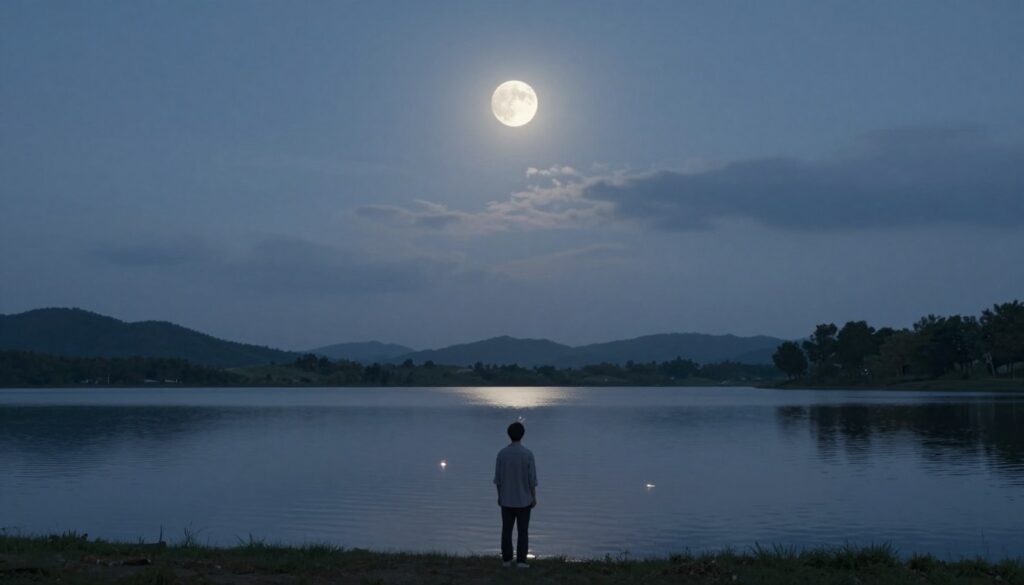 A serene landscape depicting the waning moon in the night sky, casting a soft, silvery glow over a tranquil lake. In the foreground, a lone figure in modest casual clothing stands by the water's edge, gazing thoughtfully at the reflection of the moon. In the middle ground, gentle ripples in the water mirror the moon's phases, symbolizing the emotional ebb and flow of relationships. The background features softly rolling hills and a few silhouetted trees, under a sky filled with wispy, dark clouds that hint at introspection. The mood is contemplative and soothing, with the overall lighting being dim yet ethereal, evoking a sense of calmness and acceptance. Shot with a wide-angle lens to capture the expansive atmosphere and depth of the scene.
