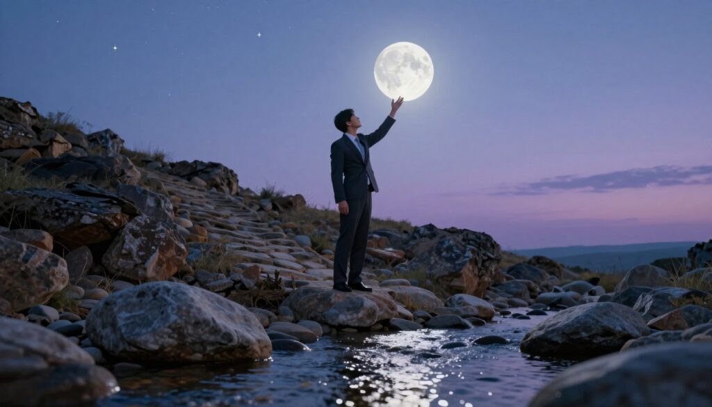 A serene landscape during the First Quarter moon phase, illuminating a determined figure in professional business attire, standing at the base of a rocky hill. The foreground features a crystal-clear stream, reflecting the moonlight, with smooth stones surrounding it. In the middle, the figure gazes upwards, symbolizing resilience, while reaching towards the moon, overcoming obstacles like a steep path and boulders. The background shows a twilight sky, blending soft blues and purples, dotted with twinkling stars. Soft, ethereal lighting casts gentle shadows, creating a hopeful and inspiring atmosphere. Capture the scene from a slightly low angle to enhance the figure's posture and focus on the moon's prominence, conveying the idea of challenge and perseverance.