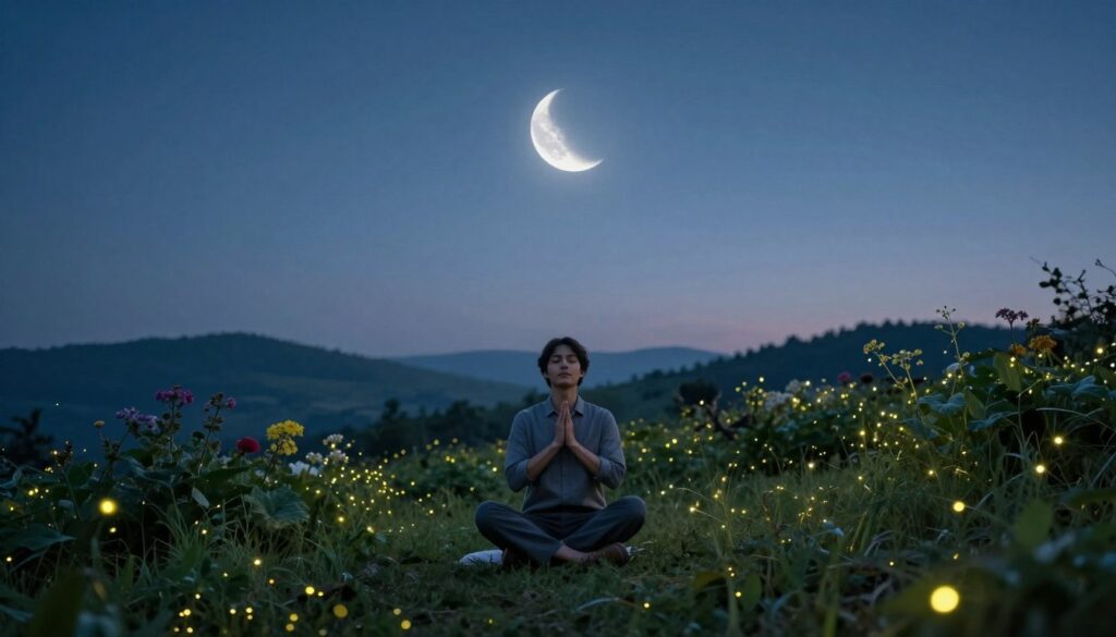 A serene landscape during the Waxing Crescent Moon phase, showcasing a peaceful night sky with a delicate crescent moon glowing softly. In the foreground, a tranquil figure sits cross-legged on a grassy hill, dressed in comfortable yet professional clothing, practicing gratitude with hands clasped in meditation. Surrounding the figure, intentional lighting highlights the gentle glow of fireflies, symbolizing moments of thankfulness. The middle ground features lush greenery, with wildflowers blossoming under the moonlight, representing growth and hope. In the background, distant hills fade into a soft, dreamy haze, enhancing the tranquil atmosphere. The overall mood is reflective and nurturing, filled with a sense of calm and connection to nature. Use a wide-angle lens to capture the expansive night sky and the intimate moment below, conveying a harmonious vibe of gratitude and growth. A serene landscape during the Waxing Crescent Moon phase, showcasing a peaceful night sky with a delicate crescent moon glowing softly. In the foreground, a tranquil figure sits cross-legged on a grassy hill, dressed in comfortable yet professional clothing, practicing gratitude with hands clasped in meditation. Surrounding the figure, intentional lighting highlights the gentle glow of fireflies, symbolizing moments of thankfulness. The middle ground features lush greenery, with wildflowers blossoming under the moonlight, representing growth and hope. In the background, distant hills fade into a soft, dreamy haze, enhancing the tranquil atmosphere. The overall mood is reflective and nurturing, filled with a sense of calm and connection to nature. Use a wide-angle lens to capture the expansive night sky and the intimate moment below, conveying a harmonious vibe of gratitude and growth.