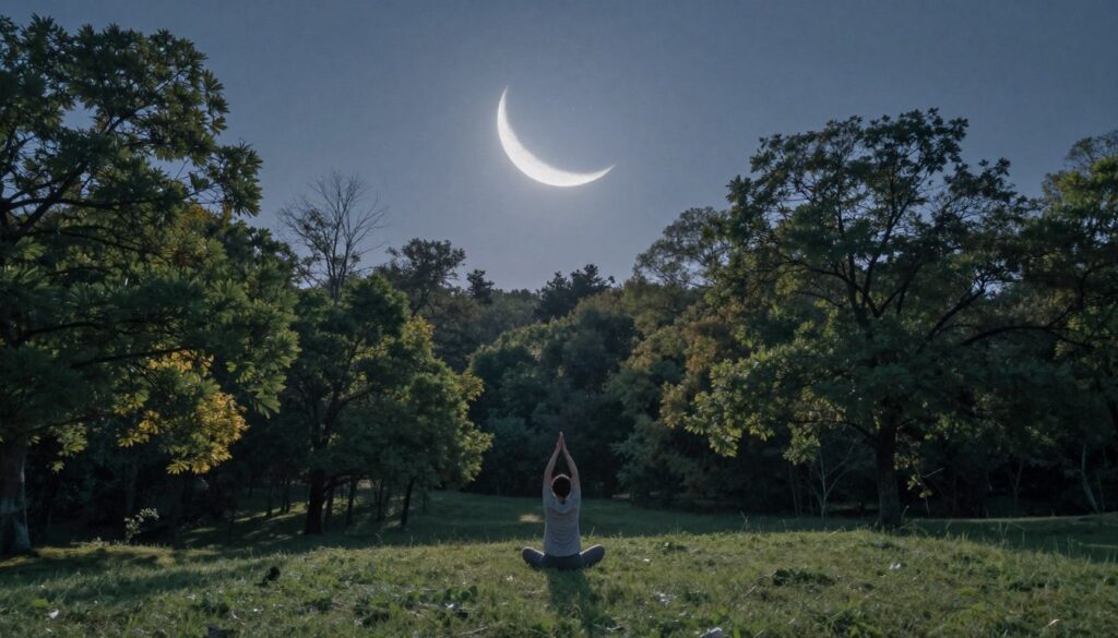 A serene landscape during the waning crescent moon phase, bathed in soft, ethereal light. In the foreground, a tranquil figure dressed in modest casual clothing practices yoga on a grassy knoll, symbolizing connection with nature. The middle ground showcases a lush forest with a variety of trees, their leaves gently illuminated by the moonlight. In the background, a clear night sky filled with stars complements the crescent moon, casting a silvery glow across the scene. The atmosphere is calm and reflective, evoking a sense of harmony and peace. The scene is captured with a wide-angle lens to emphasize the expansiveness of nature, with a focus on soft shadows and gentle highlights to enhance the tranquil mood.