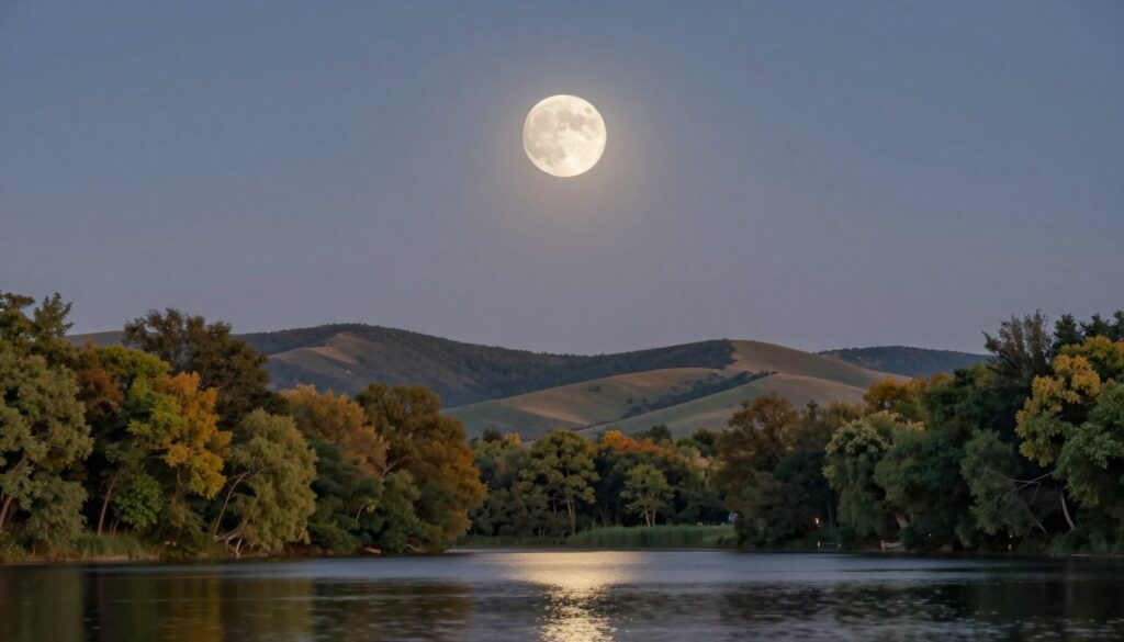 A serene landscape featuring a Waxing Gibbous Moon prominently in the night sky, casting a gentle, silvery light over the scene. In the foreground, a calm lake reflects the moonlight, surrounded by lush trees that are vibrant with the hues of early evening. The middle ground features soft hills, bathed in soft shadows, leading the eye toward the moon's glowing crescent. The background showcases a starry night sky, with scattered stars twinkling softly. Consider capturing this scene with a wide-angle perspective to emphasize the expansive sky and tranquil surroundings. The atmosphere should evoke a sense of contemplation and preparation for reflection, with soft, diffused lighting to create a peaceful and introspective mood. No humans or text should be present in the image.