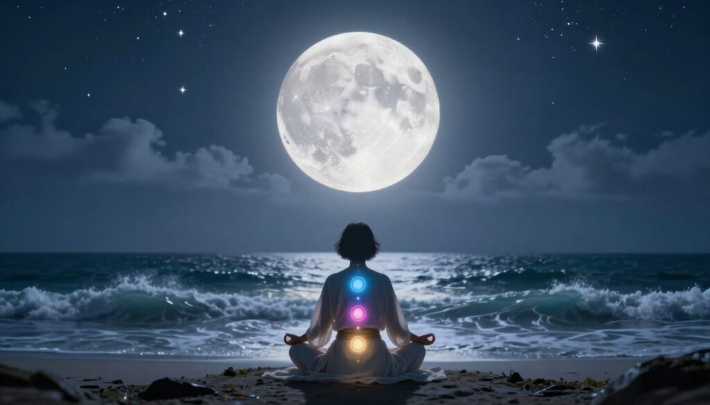 A serene landscape featuring a full moon casting a soft silvery glow over a tranquil setting. In the foreground, a person sitting cross-legged in meditation, dressed in modest, flowing attire, embodying a calm and focused energy. Their chakras are illuminated with gentle, vibrant colors that correspond to each chakra point, creating a visual harmony with the lunar light. The middle of the image shows gentle waves of energy emanating from the chakras, blending seamlessly with the moonlight, symbolizing the connection between lunar cycles and chakra alignment. The background features a night sky filled with twinkling stars, and soft clouds drifting by, enhancing the mystical atmosphere. The overall mood is peaceful, introspective, and mystical, infused with an ethereal quality that captivates and inspires tranquility. A serene landscape featuring a full moon casting a soft silvery glow over a tranquil setting. In the foreground, a person sitting cross-legged in meditation, dressed in modest, flowing attire, embodying a calm and focused energy. Their chakras are illuminated with gentle, vibrant colors that correspond to each chakra point, creating a visual harmony with the lunar light. The middle of the image shows gentle waves of energy emanating from the chakras, blending seamlessly with the moonlight, symbolizing the connection between lunar cycles and chakra alignment. The background features a night sky filled with twinkling stars, and soft clouds drifting by, enhancing the mystical atmosphere. The overall mood is peaceful, introspective, and mystical, infused with an ethereal quality that captivates and inspires tranquility.