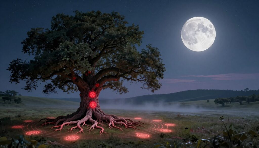 A serene landscape featuring a luminous new moon in a starry sky, casting a soft glow over an ethereal scene. In the foreground, a majestic oak tree symbolizes grounding, its roots intertwining with vibrant red markings representing the Root Chakra. The middle ground reveals softly glowing chakra symbols arranged in a circular pattern, resonating with harmonious energy waves emanating from the roots. In the background, gentle hills silhouette against the night sky, reflecting the calming essence of lunar cycles. Soft mist rises, adding an air of tranquility. The lighting is soft and dreamlike, evoking a sense of peaceful alignment. The atmosphere is mystical, inviting contemplation and connection with nature's rhythms. A serene landscape featuring a luminous new moon in a starry sky, casting a soft glow over an ethereal scene. In the foreground, a majestic oak tree symbolizes grounding, its roots intertwining with vibrant red markings representing the Root Chakra. The middle ground reveals softly glowing chakra symbols arranged in a circular pattern, resonating with harmonious energy waves emanating from the roots. In the background, gentle hills silhouette against the night sky, reflecting the calming essence of lunar cycles. Soft mist rises, adding an air of tranquility. The lighting is soft and dreamlike, evoking a sense of peaceful alignment. The atmosphere is mystical, inviting contemplation and connection with nature's rhythms.