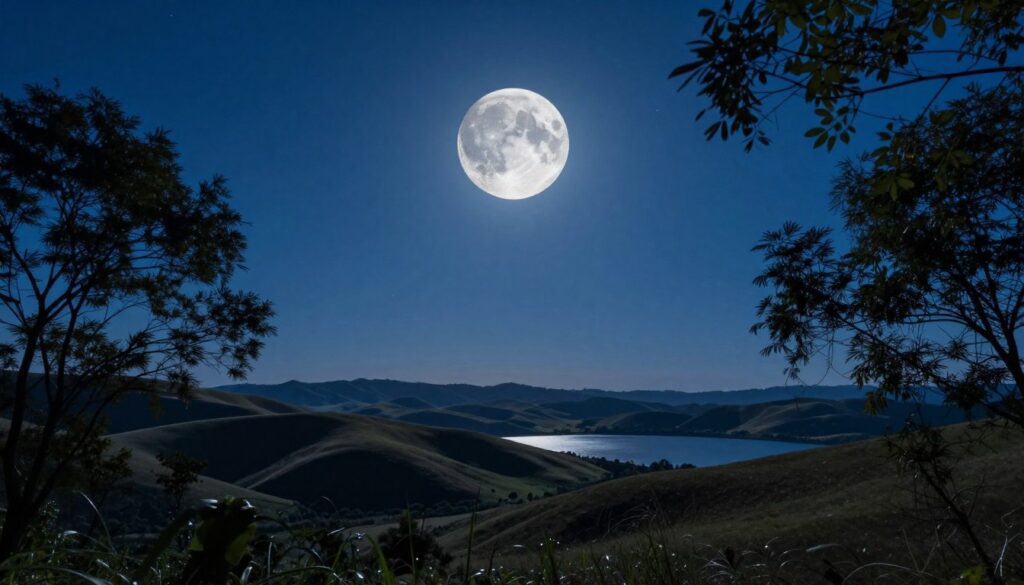 A serene landscape featuring a stunning First Quarter Moon illuminated in a deep blue night sky, positioned slightly off-center for a dynamic composition. In the foreground, delicate silhouettes of trees frame the scene, their leaves gently swaying in the night breeze. The middle ground showcases gently rolling hills bathed in soft moonlight, casting subtle shadows that hint at the contours of the terrain. In the background, a clear horizon with distant mountains adds depth, blended into the twilight with twinkling stars emerging. The moonlight creates a reflective glow on a serene lake, enhancing the tranquil atmosphere. Use a wide-angle lens perspective to capture the vastness of the night sky, emphasizing the moon's brilliance. The mood is inspirational and contemplative, inviting viewers to reflect on the theme of taking action during the First Quarter phase.