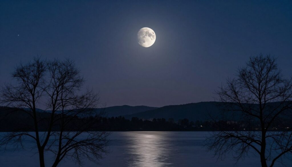 A serene landscape featuring a waning crescent moon hanging low in a deep indigo night sky, surrounded by a scattering of twinkling stars. In the foreground, delicate silhouettes of leafless trees create a gentle contrast against the moonlight. The middle ground showcases a tranquil lake reflecting the muted light of the moon, with soft ripples adding a sense of movement. In the background, rolling hills fade into darkness, enhancing the peaceful atmosphere. The lighting is soft and ethereal, evoking a sense of calm and introspection. This image captures the essence of the waning moon phase, emphasizing themes of release and letting go. The composition is framed using a wide-angle lens to encompass the expansive night sky, inviting viewers into a moment of quiet reflection.