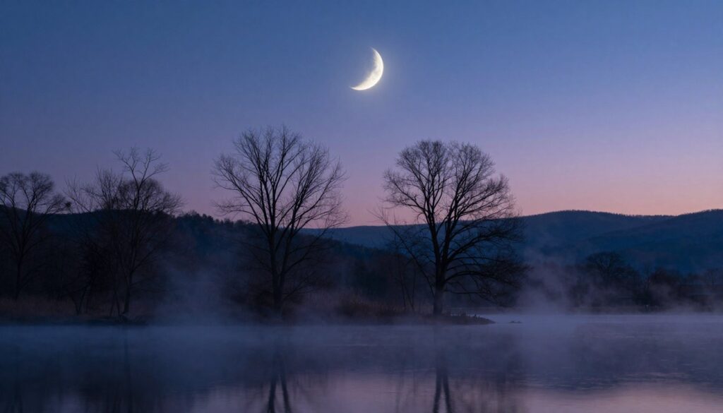 A serene landscape featuring a waning crescent moon in a twilight sky, casting a soft, silvery light. In the foreground, delicate wisps of fog gently rise from a tranquil lake, reflecting the moonlight and creating a mystical atmosphere. The middle ground showcases barren trees with bare branches, symbolizing letting go, their silhouettes stark against the dusk. In the background, rolling hills fade into a gradient of deep blues and purples, enhancing the sense of calm and release. The scene is illuminated by gentle, ethereal lighting, evoking a sense of tranquility and introspection. Capture this moment from a low angle to emphasize the moon's presence, and create an overall mood that inspires contemplation and encompasses the theme of release. A serene landscape featuring a waning crescent moon in a twilight sky, casting a soft, silvery light. In the foreground, delicate wisps of fog gently rise from a tranquil lake, reflecting the moonlight and creating a mystical atmosphere. The middle ground showcases barren trees with bare branches, symbolizing letting go, their silhouettes stark against the dusk. In the background, rolling hills fade into a gradient of deep blues and purples, enhancing the sense of calm and release. The scene is illuminated by gentle, ethereal lighting, evoking a sense of tranquility and introspection. Capture this moment from a low angle to emphasize the moon's presence, and create an overall mood that inspires contemplation and encompasses the theme of release.