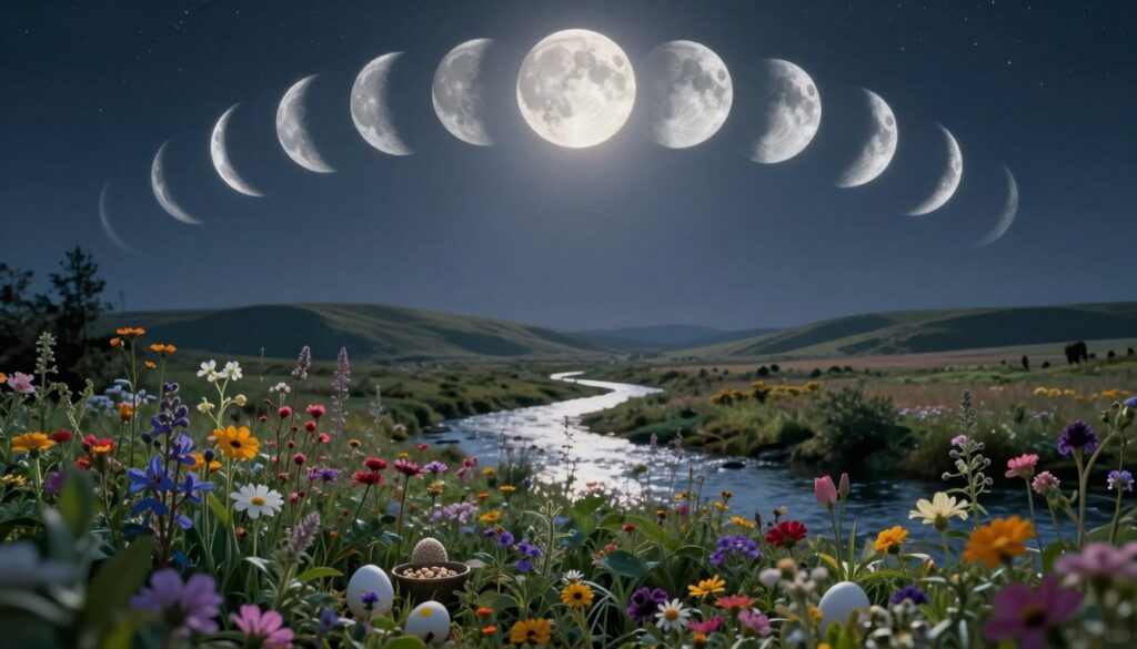 A serene landscape featuring the lunar phases arranged in a circular pattern across the sky, showcasing the waxing and waning of the moon. In the foreground, a lush garden filled with vibrant flowers and herbs symbolizing fertility, with subtle elements like eggs and seeds nestled among the plants. The middle ground should include a softly flowing river reflecting the moonlight, creating a sense of harmony. In the background, gentle hills under a starlit sky, with the full moon casting a silver glow over the scene. Use soft, ethereal lighting to evoke a mystical atmosphere, capturing the essence of folklore and cultural associations with fertility and lunar cycles. The composition should have a wide-angle perspective, giving a sense of depth and tranquility. A serene landscape featuring the lunar phases arranged in a circular pattern across the sky, showcasing the waxing and waning of the moon. In the foreground, a lush garden filled with vibrant flowers and herbs symbolizing fertility, with subtle elements like eggs and seeds nestled among the plants. The middle ground should include a softly flowing river reflecting the moonlight, creating a sense of harmony. In the background, gentle hills under a starlit sky, with the full moon casting a silver glow over the scene. Use soft, ethereal lighting to evoke a mystical atmosphere, capturing the essence of folklore and cultural associations with fertility and lunar cycles. The composition should have a wide-angle perspective, giving a sense of depth and tranquility.
