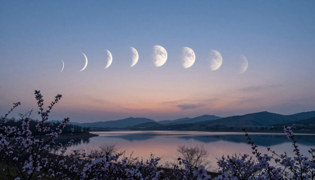 A serene landscape featuring the peaceful progression of moon phases from new to full, set against a soft twilight sky. In the foreground, gentle silhouettes of blossoming flowers represent growth, with delicate colors reflecting the calmness of introspection. The middle ground showcases a tranquil lake mirroring the moon phases, with smooth water that captures the soft light of the crescent moon illuminating the scene. The background consists of softly rolling hills disappearing into a deep blue horizon, dotted with faint stars. The scene is bathed in soft, ethereal lighting, evoking a sense of tranquility and reflection. Capture this moment with a wide-angle lens to highlight the expansive sky and peaceful landscape, creating an atmosphere conducive to introspection and growth. A serene landscape featuring the peaceful progression of moon phases from new to full, set against a soft twilight sky. In the foreground, gentle silhouettes of blossoming flowers represent growth, with delicate colors reflecting the calmness of introspection. The middle ground showcases a tranquil lake mirroring the moon phases, with smooth water that captures the soft light of the crescent moon illuminating the scene. The background consists of softly rolling hills disappearing into a deep blue horizon, dotted with faint stars. The scene is bathed in soft, ethereal lighting, evoking a sense of tranquility and reflection. Capture this moment with a wide-angle lens to highlight the expansive sky and peaceful landscape, creating an atmosphere conducive to introspection and growth.