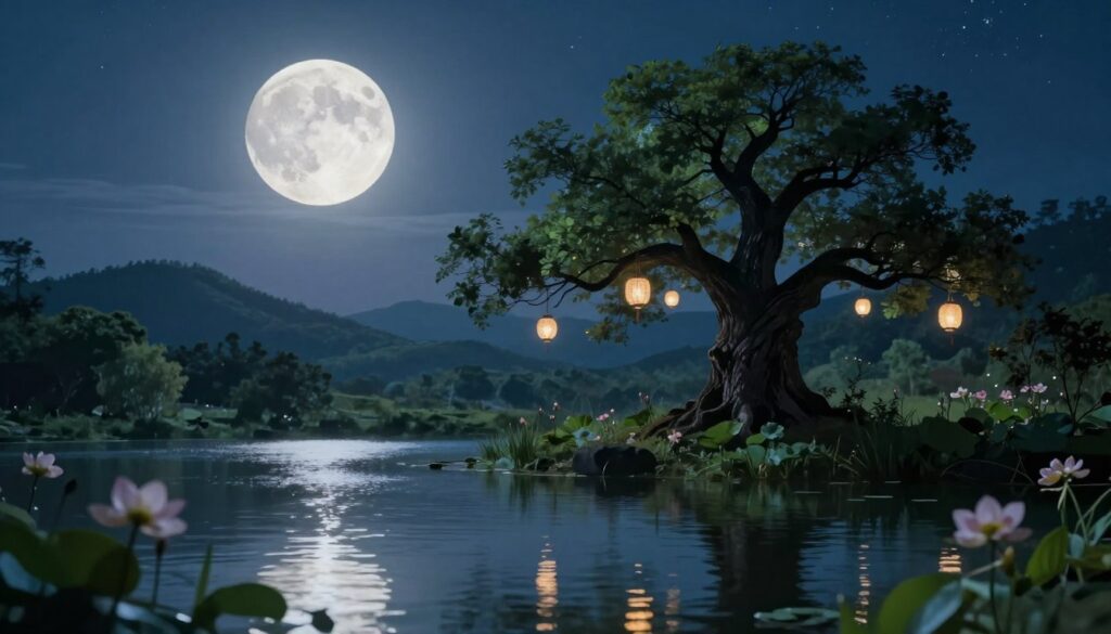 A serene landscape illuminated by a glowing full moon, symbolizing renewal and rebirth. In the foreground, a tranquil lake reflects the moon's silvery light, surrounded by lush green foliage and blooming flowers that represent new beginnings. In the middle ground, a silhouette of a wise old tree stands tall, its branches adorned with soft, shimmering lanterns that evoke cultural traditions of celebrating the moon. In the background, rolling hills fade into a starry night sky, adding depth and a sense of wonder. The lighting is soft and ethereal, capturing the magic of moonlit nights. The atmosphere conveys peace and hope, inviting viewers to reflect on the essence of renewal associated with the moon.