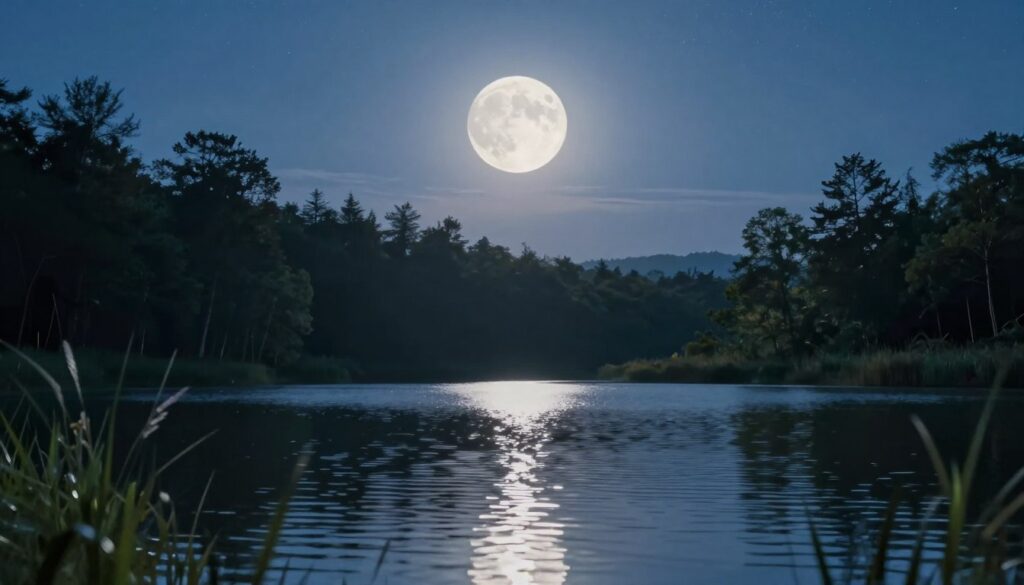 A serene landscape illuminated by a luminous full moon, casting ethereal light across a tranquil lake. In the foreground, gentle ripples reflect the moonlight, while softly waving grasses frame the scene. The middle ground features a peaceful forest, silhouetted against the bright moon, with trees reaching upward as if absorbing the moon's vibrant energy. In the background, a clear night sky sparkles with numerous stars, enhancing the sense of vastness and tranquility. The lighting is smooth and silvery, creating a dreamlike atmosphere. Capture a wide-angle view to emphasize the scale of the moon and its reflection, conveying a feeling of calm clarity and peak energy. The mood is tranquil yet powerful, evoking a sense of focus and inspiration. A serene landscape illuminated by a luminous full moon, casting ethereal light across a tranquil lake. In the foreground, gentle ripples reflect the moonlight, while softly waving grasses frame the scene. The middle ground features a peaceful forest, silhouetted against the bright moon, with trees reaching upward as if absorbing the moon's vibrant energy. In the background, a clear night sky sparkles with numerous stars, enhancing the sense of vastness and tranquility. The lighting is smooth and silvery, creating a dreamlike atmosphere. Capture a wide-angle view to emphasize the scale of the moon and its reflection, conveying a feeling of calm clarity and peak energy. The mood is tranquil yet powerful, evoking a sense of focus and inspiration.