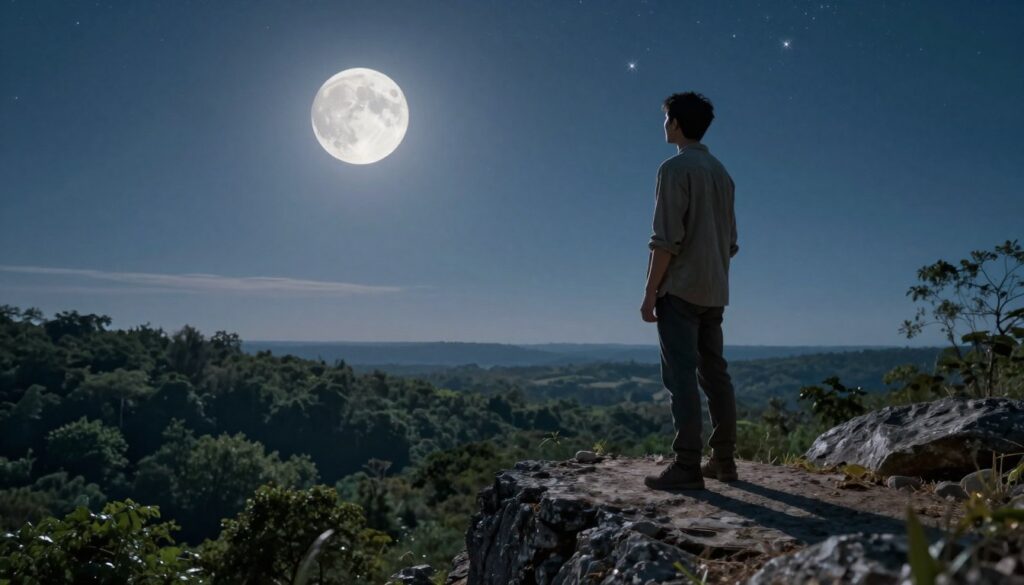 A serene landscape illuminated by soft moonlight, with the first quarter moon prominently positioned in the sky. In the foreground, a determined figure in modest casual clothing stands on a rocky cliff, gazing towards the horizon, symbolizing resilience and the journey of overcoming challenges. The middle ground features a lush forest, representing growth and the potential for change, while the background showcases a vast night sky filled with twinkling stars. The lighting is ethereal, casting gentle shadows that enhance the feeling of introspection. The atmosphere conveys hope and empowerment, inviting viewers to reflect on their own challenges. The angle captures the figure in profile, emphasizing their determination, while the lunar cycles subtly intertwine with nature below. A serene landscape illuminated by soft moonlight, with the first quarter moon prominently positioned in the sky. In the foreground, a determined figure in modest casual clothing stands on a rocky cliff, gazing towards the horizon, symbolizing resilience and the journey of overcoming challenges. The middle ground features a lush forest, representing growth and the potential for change, while the background showcases a vast night sky filled with twinkling stars. The lighting is ethereal, casting gentle shadows that enhance the feeling of introspection. The atmosphere conveys hope and empowerment, inviting viewers to reflect on their own challenges. The angle captures the figure in profile, emphasizing their determination, while the lunar cycles subtly intertwine with nature below.