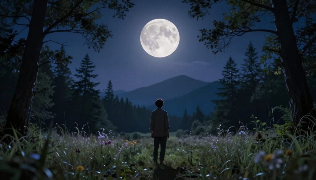 A serene landscape illuminated by the Hunter's Moon, featuring a large, luminous full moon hanging low in the night sky casting a soft, silvery glow over a tranquil forest clearing. In the foreground, a figure dressed in modest, casual attire stands quietly, gazing up at the moon, surrounded by silhouettes of trees. The middle ground showcases gently swaying grass and wildflowers bathed in moonlight. In the background, shadowy mountains rise against a deep indigo sky speckled with stars, creating a peaceful yet enchanting atmosphere. The scene is subtly lit, with a soft-focus effect to evoke a sense of calm and reverence for nature, capturing the essence and folklore of the Hunter's Moon.