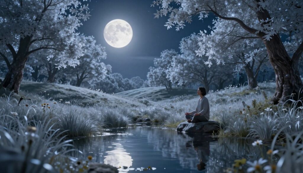 A serene landscape illuminated by the soft, ethereal glow of a new moon in a clear night sky. In the foreground, a reflective pool of water captures the moonlight, surrounded by lush, gentle hills adorned with silvery grasses and wildflowers. The middle ground features a solitary figure meditating on a small rock by the water's edge, dressed in modest casual clothing, with a look of peaceful introspection. The background showcases towering trees with delicate, translucent leaves that glimmer faintly in the moonlight, creating a tranquil atmosphere. The lighting is cool and calming, evoking a sense of stillness and contemplation, while faint stars twinkle softly above, enhancing the mood of connection to the cosmos and self-awareness. The angle captures both the figure and the enchanting landscape to convey harmony and reflection.