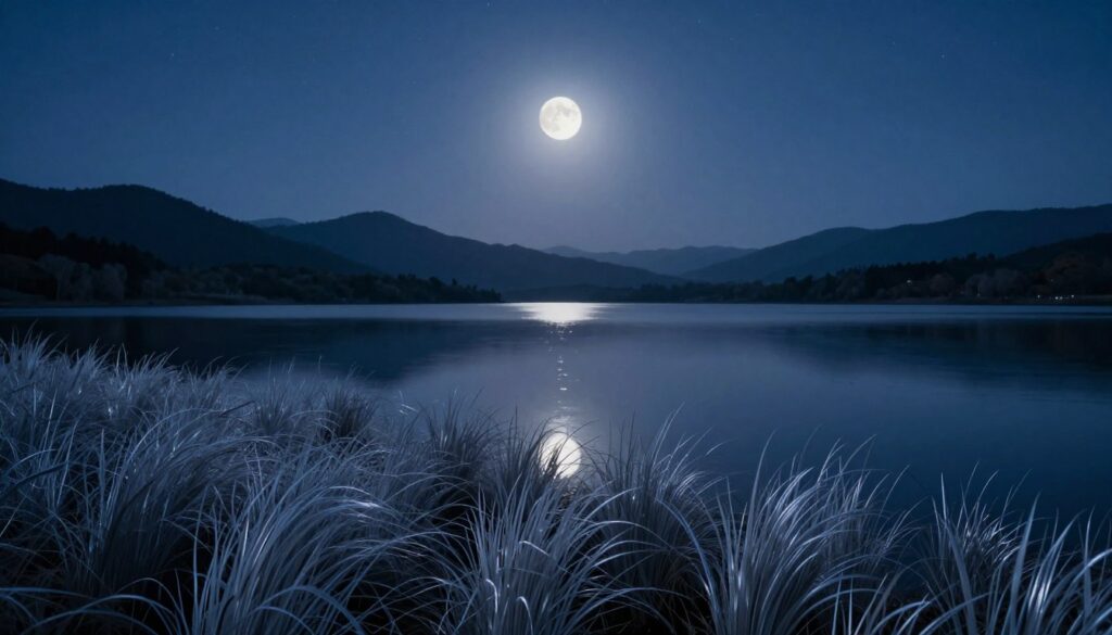 A serene landscape illuminated by the soft glow of a new moon, casting gentle, ethereal light across a tranquil lake. In the foreground, delicate silver grass sways gently in the night breeze, reflecting the moonlight. The middle ground features a calm water surface, perfectly mirroring the starry sky above, with the new moon nestled among scattered stars. The background showcases distant, softly silhouetted mountains under a blanket of deep indigo sky, creating a peaceful and introspective atmosphere. The overall scene conveys a sense of clarity and new beginnings, inviting the viewer to embrace fresh possibilities. The lighting is soft and diffused, evoking calm and tranquility, with a high-resolution, wide-angle capture that beautifully frames the celestial elements.